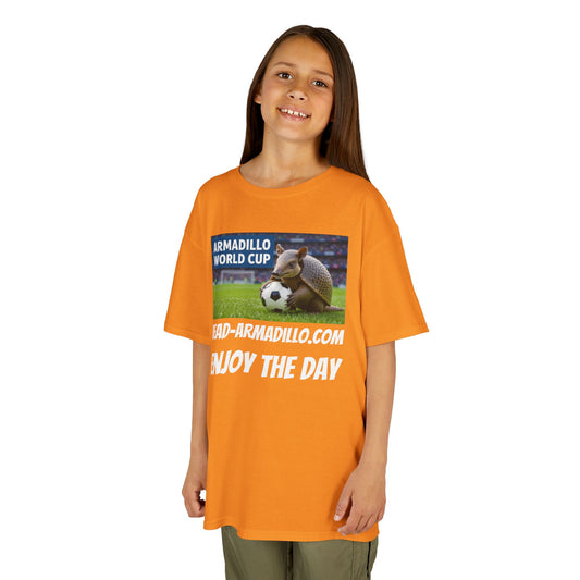 Kids Soccer Tee - Armadillo Soccer Player | World Cup Soccer Shirt | Enjoy the Day | White Font Choice