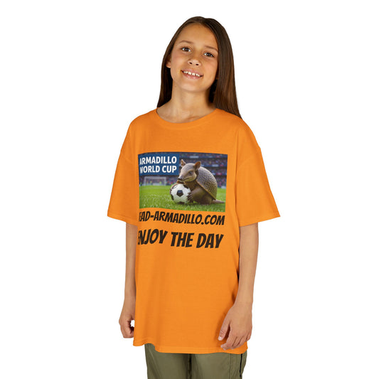 Kids Soccer Tee - Armadillo Soccer Player | World Cup Soccer Shirt | Enjoy the Day | Dark font