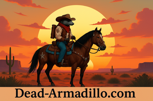 Your cowboy Arlo on horse with Dead-Armadillo.com branding