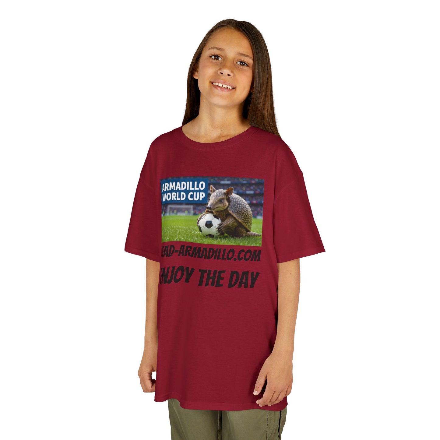 Kids Soccer Tee - Armadillo Soccer Player | World Cup Soccer Shirt | Enjoy the Day | Dark font