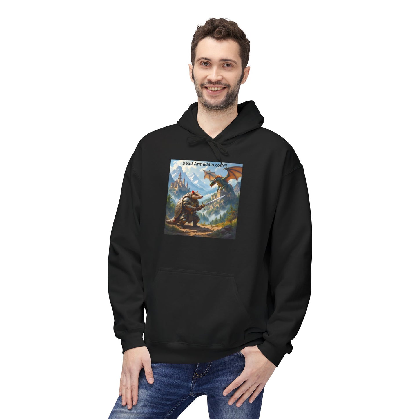 Arlo the Armadillo | Gamer Hoodie | Fantasy Mountain Scene | with Dragon and Castles
