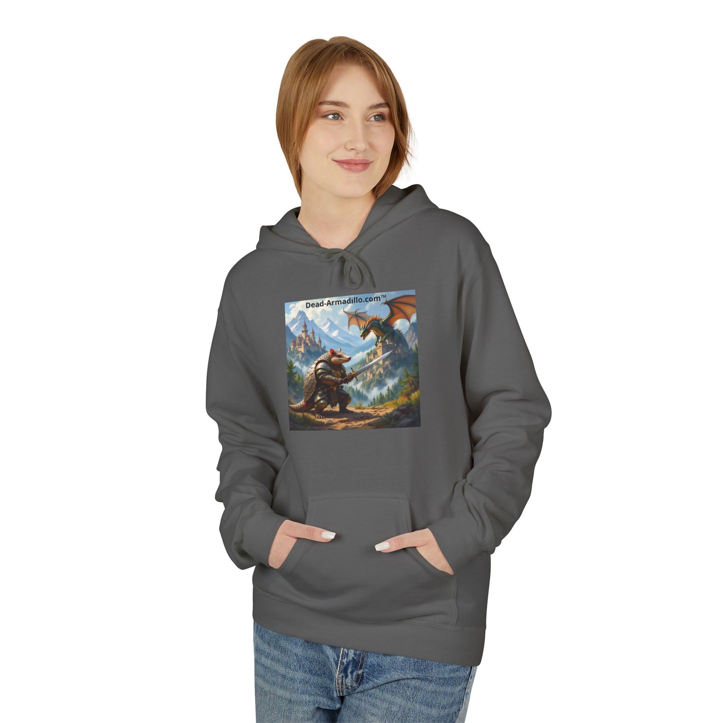 Arlo the Armadillo | Gamer Hoodie | Fantasy Mountain Scene | with Dragon and Castles