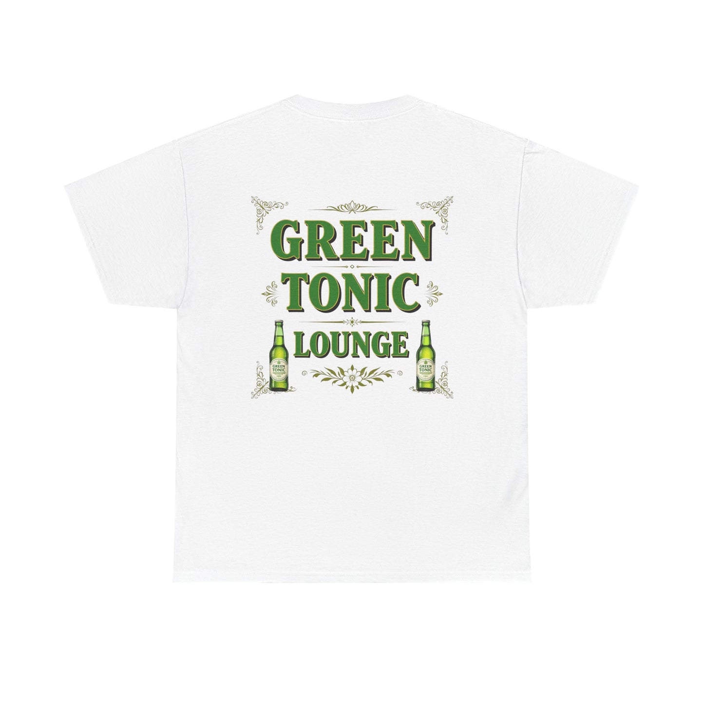 Green Tonic Lounge Tee | Bottles & Logo | Back of Shirt Graphic Design