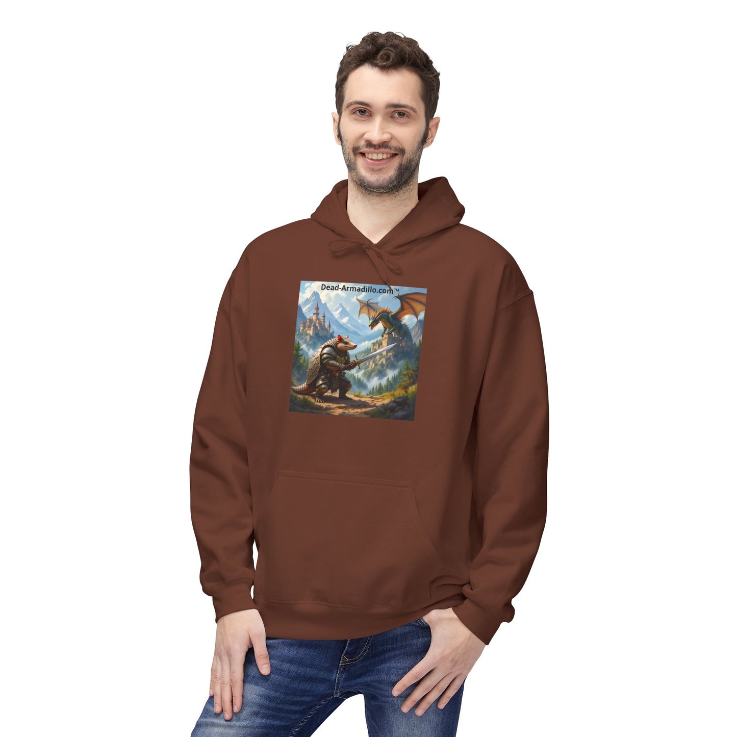 Arlo the Armadillo | Gamer Hoodie | Fantasy Mountain Scene | with Dragon and Castles
