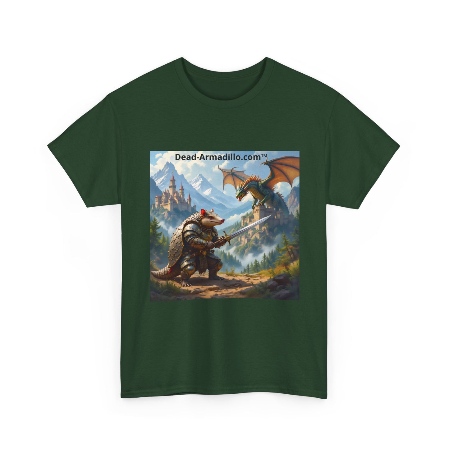 Fantasy Battle T-Shirt — Armadillo vs Dragon Illustration