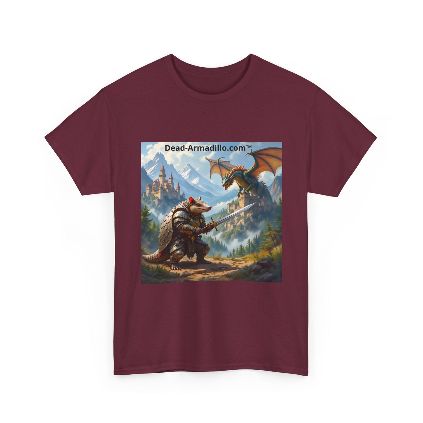 Fantasy Battle T-Shirt — Armadillo vs Dragon Illustration