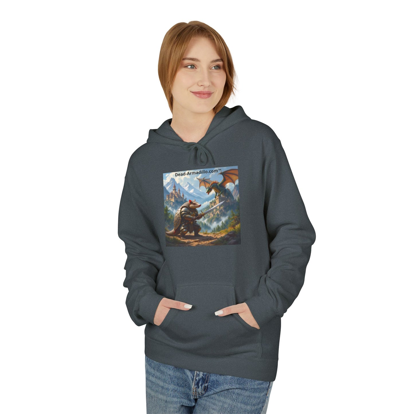 Arlo the Armadillo | Gamer Hoodie | Fantasy Mountain Scene | with Dragon and Castles