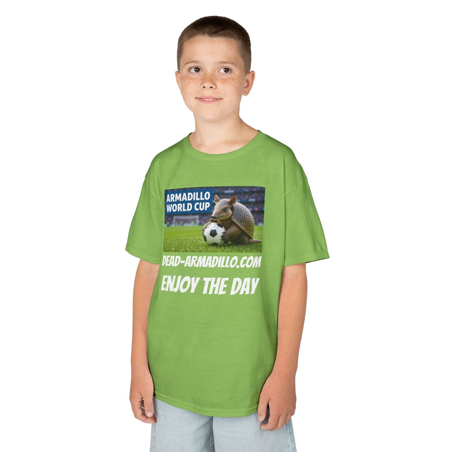 Kids Soccer Tee - Armadillo Soccer Player | World Cup Soccer Shirt | Enjoy the Day | White Font Choice