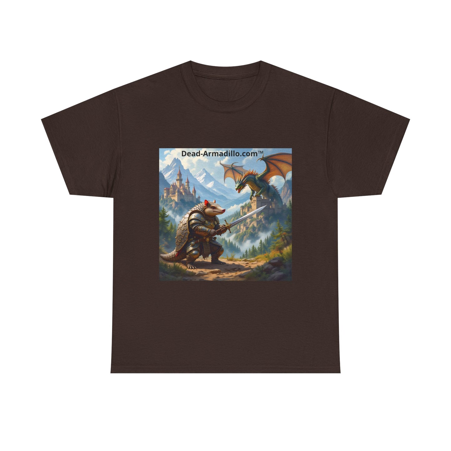 Fantasy Battle T-Shirt — Armadillo vs Dragon Illustration