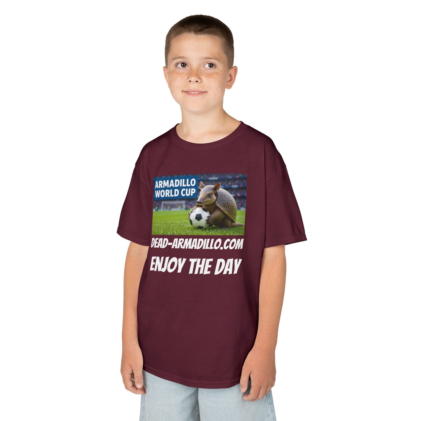 Kids Soccer Tee - Armadillo Soccer Player | World Cup Soccer Shirt | Enjoy the Day | White Font Choice