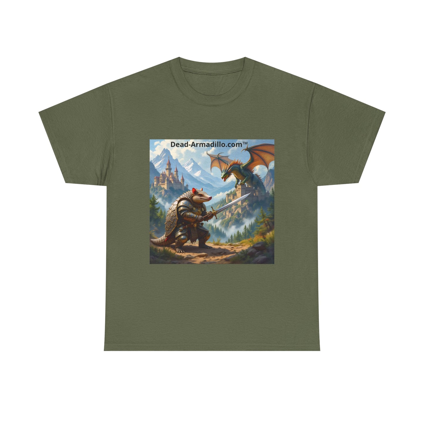 Fantasy Battle T-Shirt — Armadillo vs Dragon Illustration