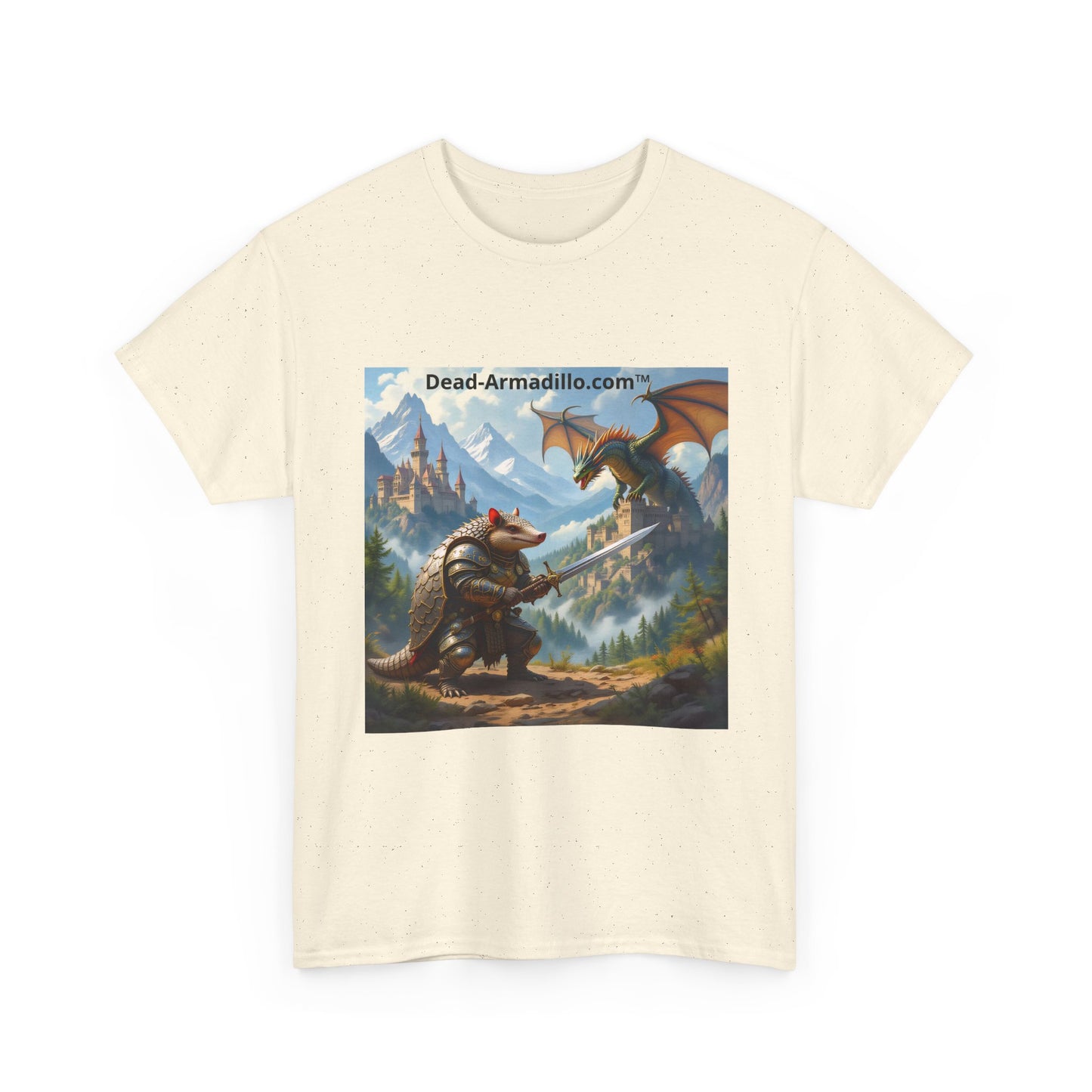 Fantasy Battle T-Shirt — Armadillo vs Dragon Illustration