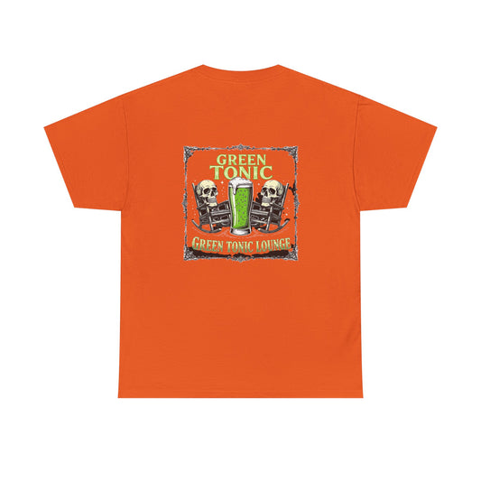 Green Tonic Lounge Tee | Two skulls | Rocking chairs | Back of Shirt Graphic Design