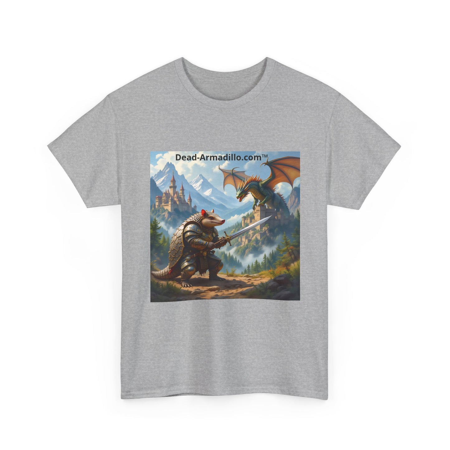 Fantasy Battle T-Shirt — Armadillo vs Dragon Illustration
