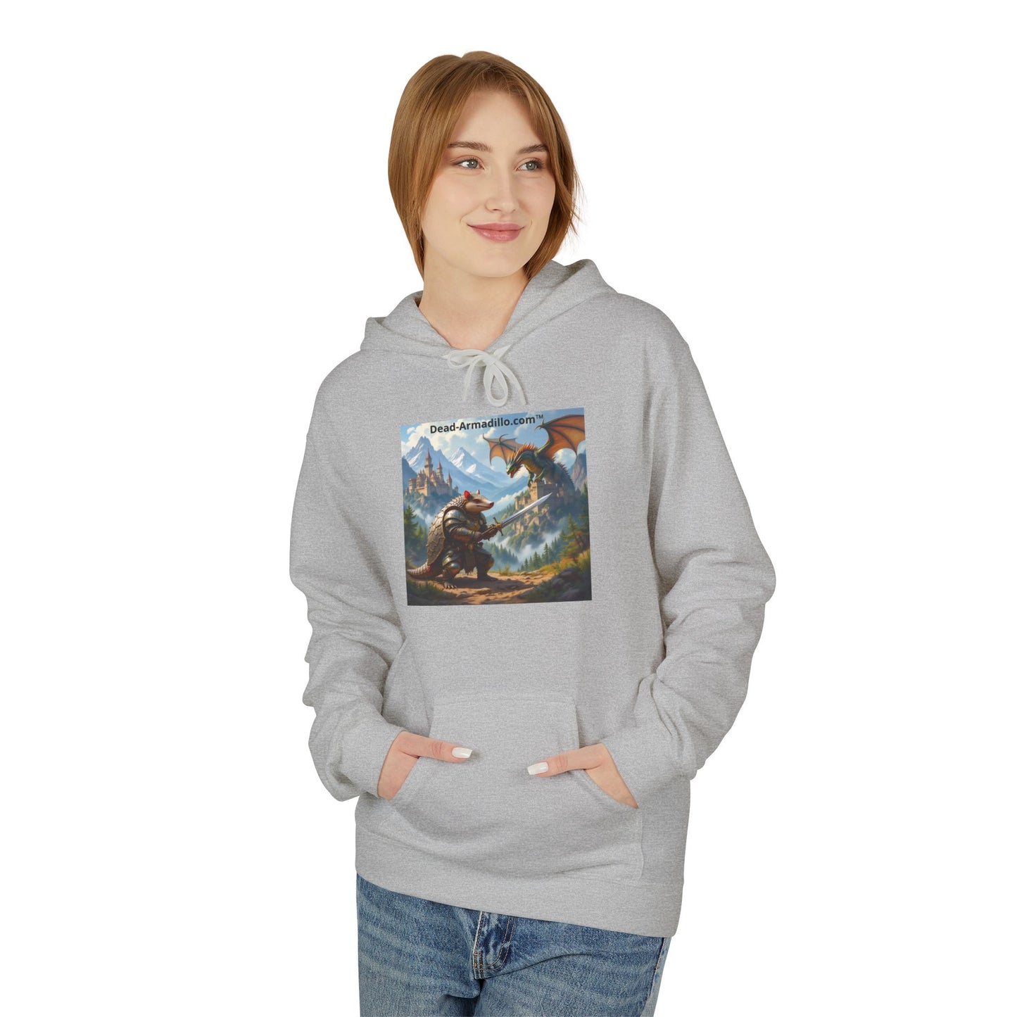 Arlo the Armadillo | Gamer Hoodie | Fantasy Mountain Scene | with Dragon and Castles