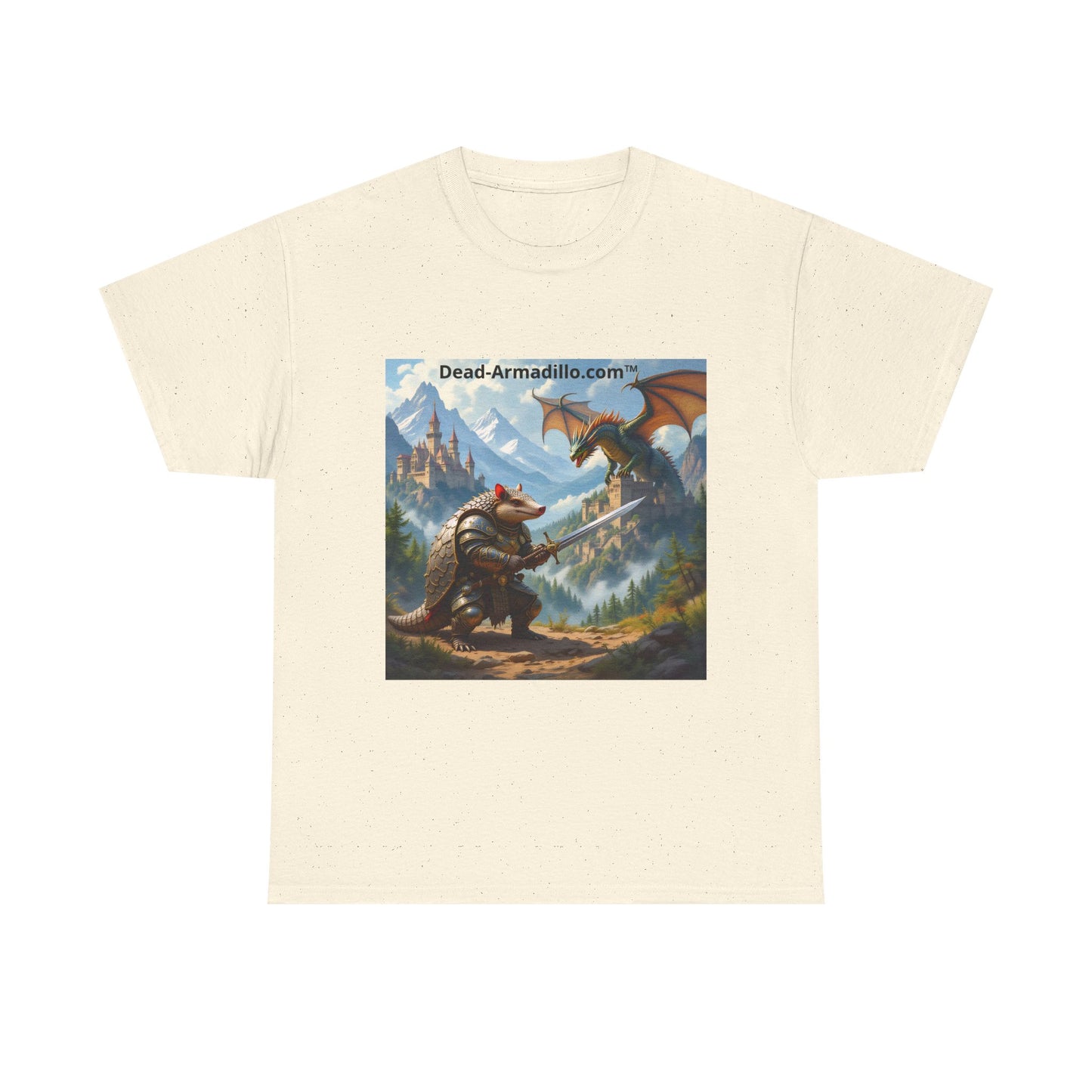 Fantasy Battle T-Shirt — Armadillo vs Dragon Illustration