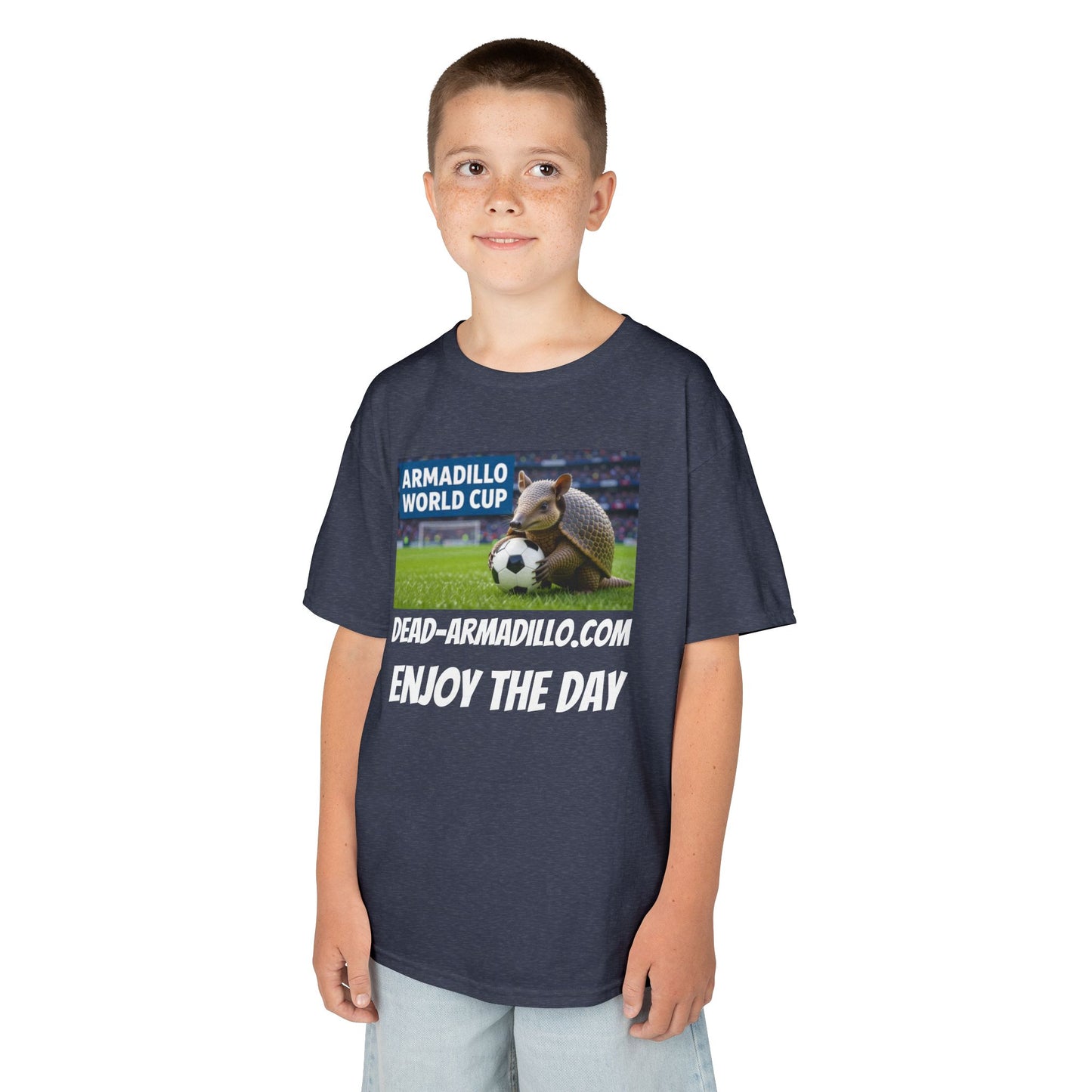 Kids Soccer Tee - Armadillo Soccer Player | World Cup Soccer Shirt | Enjoy the Day | White Font Choice