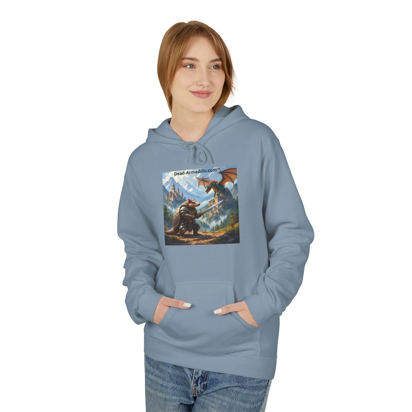 Arlo the Armadillo | Gamer Hoodie | Fantasy Mountain Scene | with Dragon and Castles