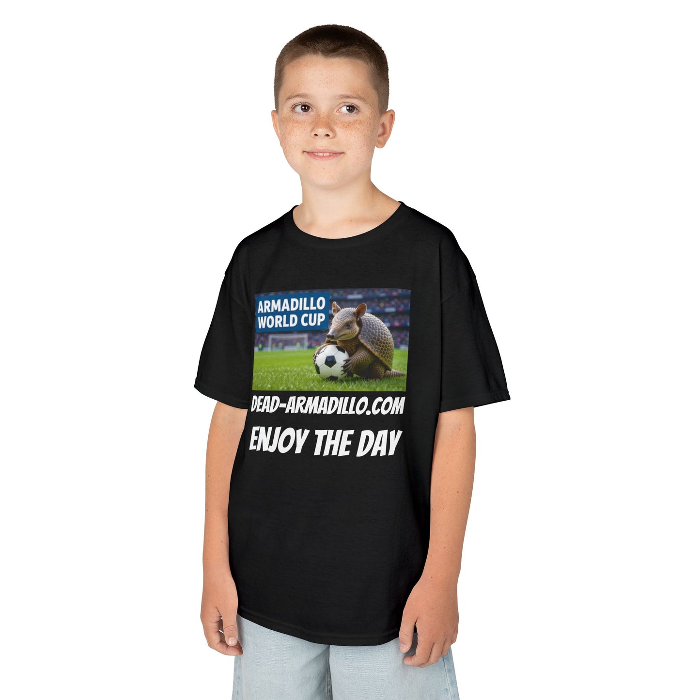 Kids Soccer Tee - Armadillo Soccer Player | World Cup Soccer Shirt | Enjoy the Day | White Font Choice