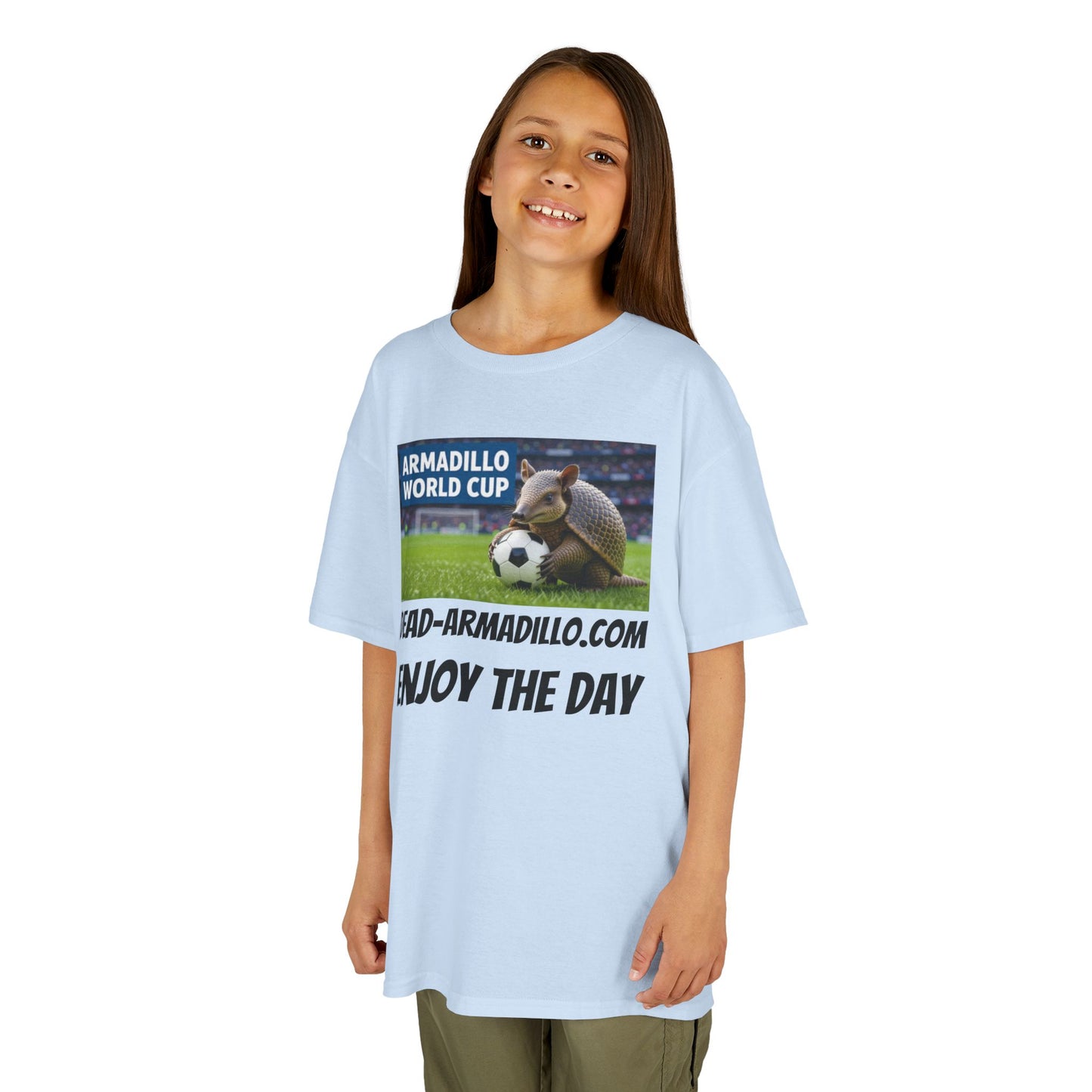 Kids Soccer Tee - Armadillo Soccer Player | World Cup Soccer Shirt | Enjoy the Day | Dark font