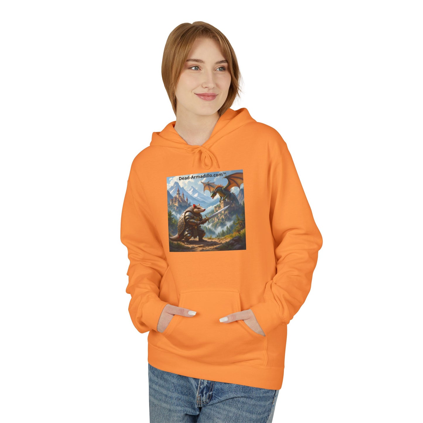Arlo the Armadillo | Gamer Hoodie | Fantasy Mountain Scene | with Dragon and Castles