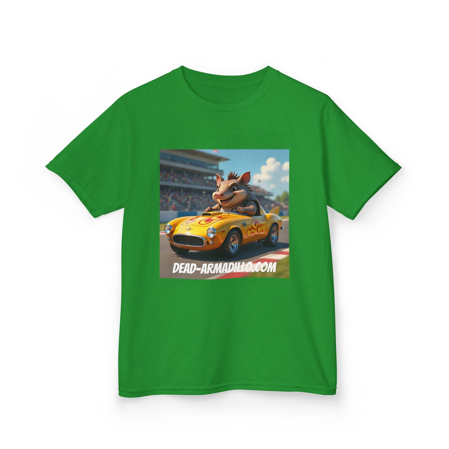 Cute Armadillo in Racing Car | Kids Sizing | Armadillo Racing | 2 sided Print  Tee | Dead-Armadillo.com