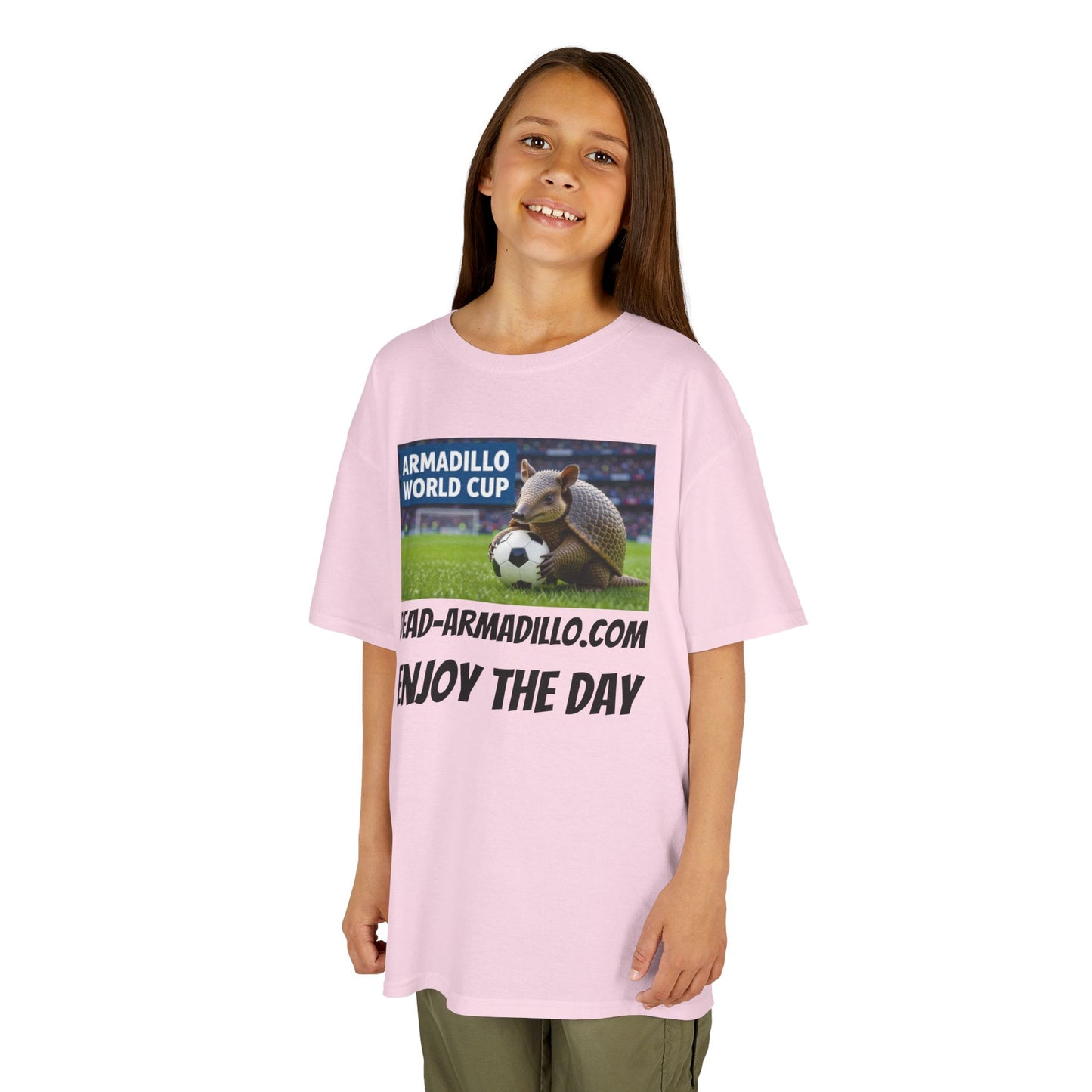 Kids Soccer Tee - Armadillo Soccer Player | World Cup Soccer Shirt | Enjoy the Day | Dark font