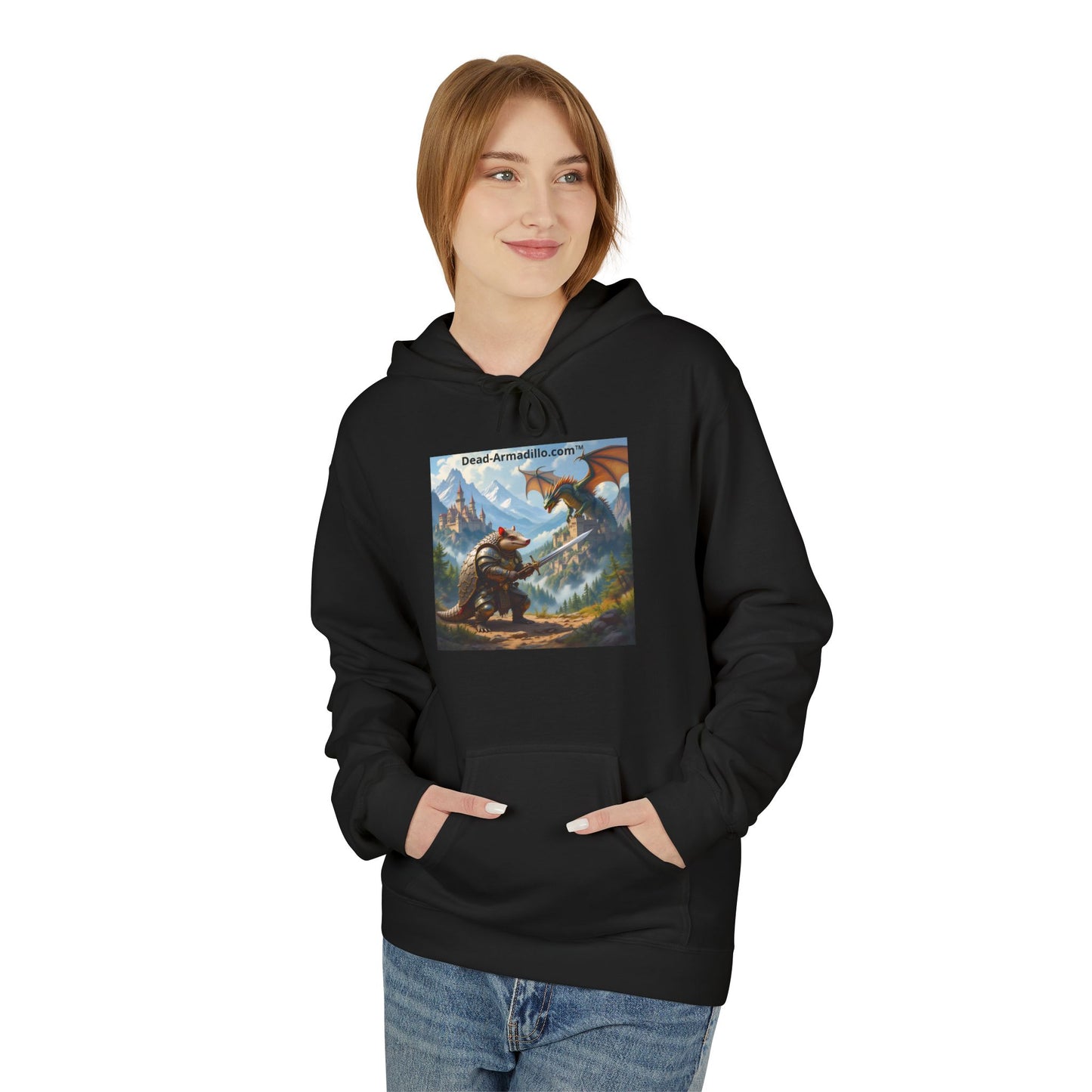 Arlo the Armadillo | Gamer Hoodie | Fantasy Mountain Scene | with Dragon and Castles