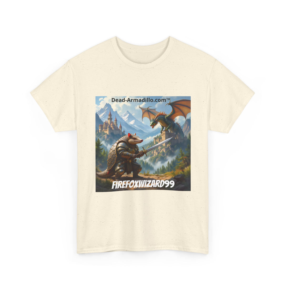 Arlo the Armadillo | Gamer Tee | Fantasy Mountain Scene | with Dragon and Castles