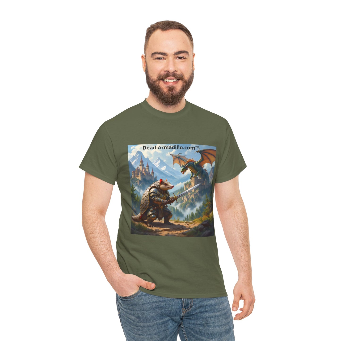 Fantasy Battle T-Shirt — Armadillo vs Dragon Illustration