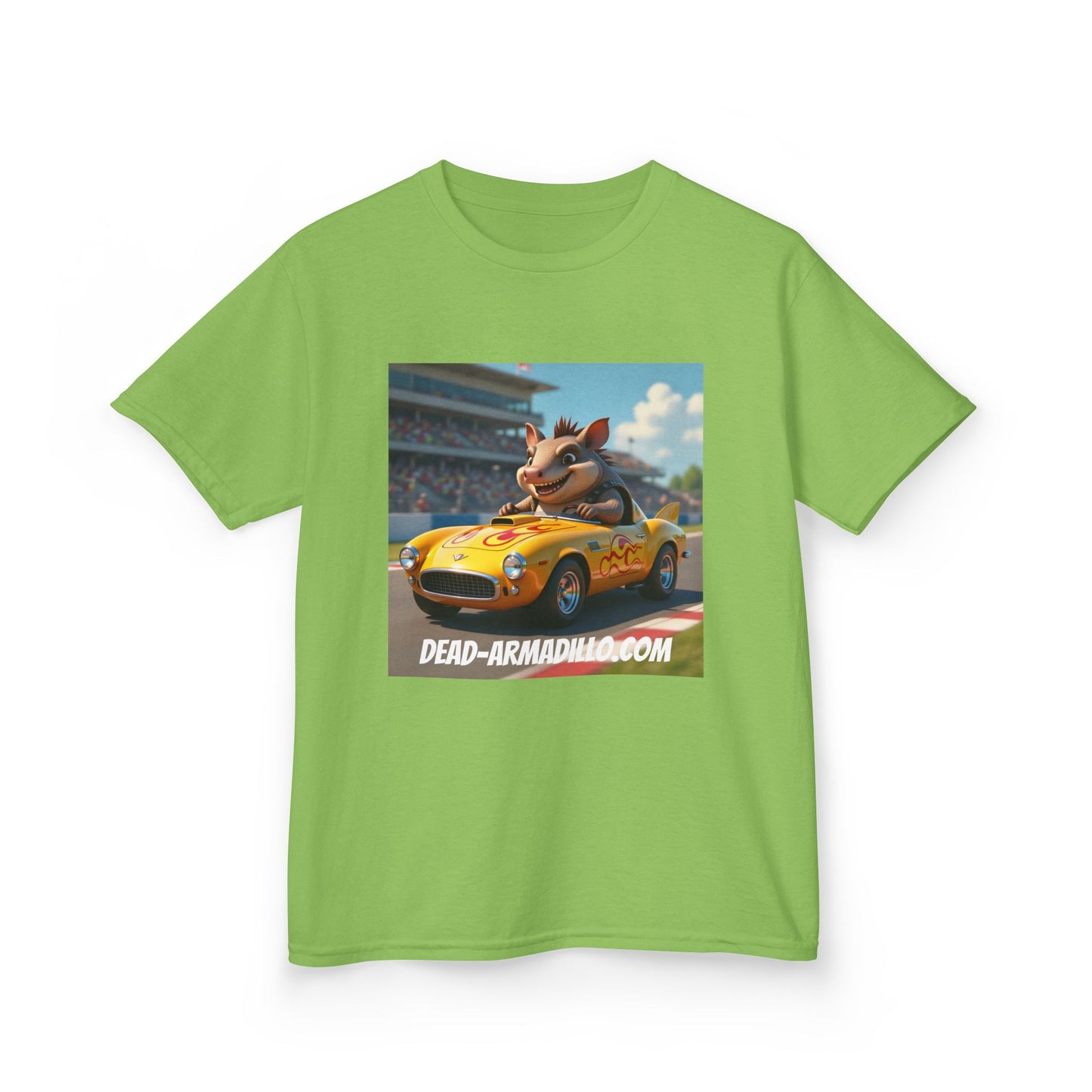Cute Armadillo in Racing Car | Kids Sizing | Armadillo Racing | 2 sided Print  Tee | Dead-Armadillo.com