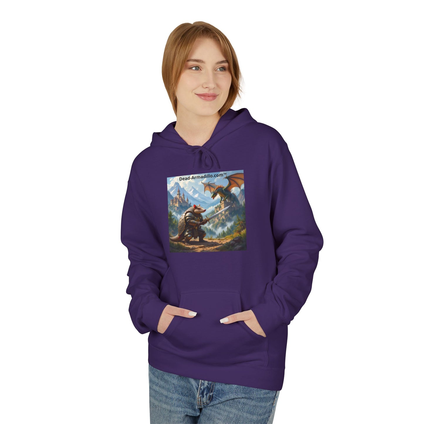 Arlo the Armadillo | Gamer Hoodie | Fantasy Mountain Scene | with Dragon and Castles