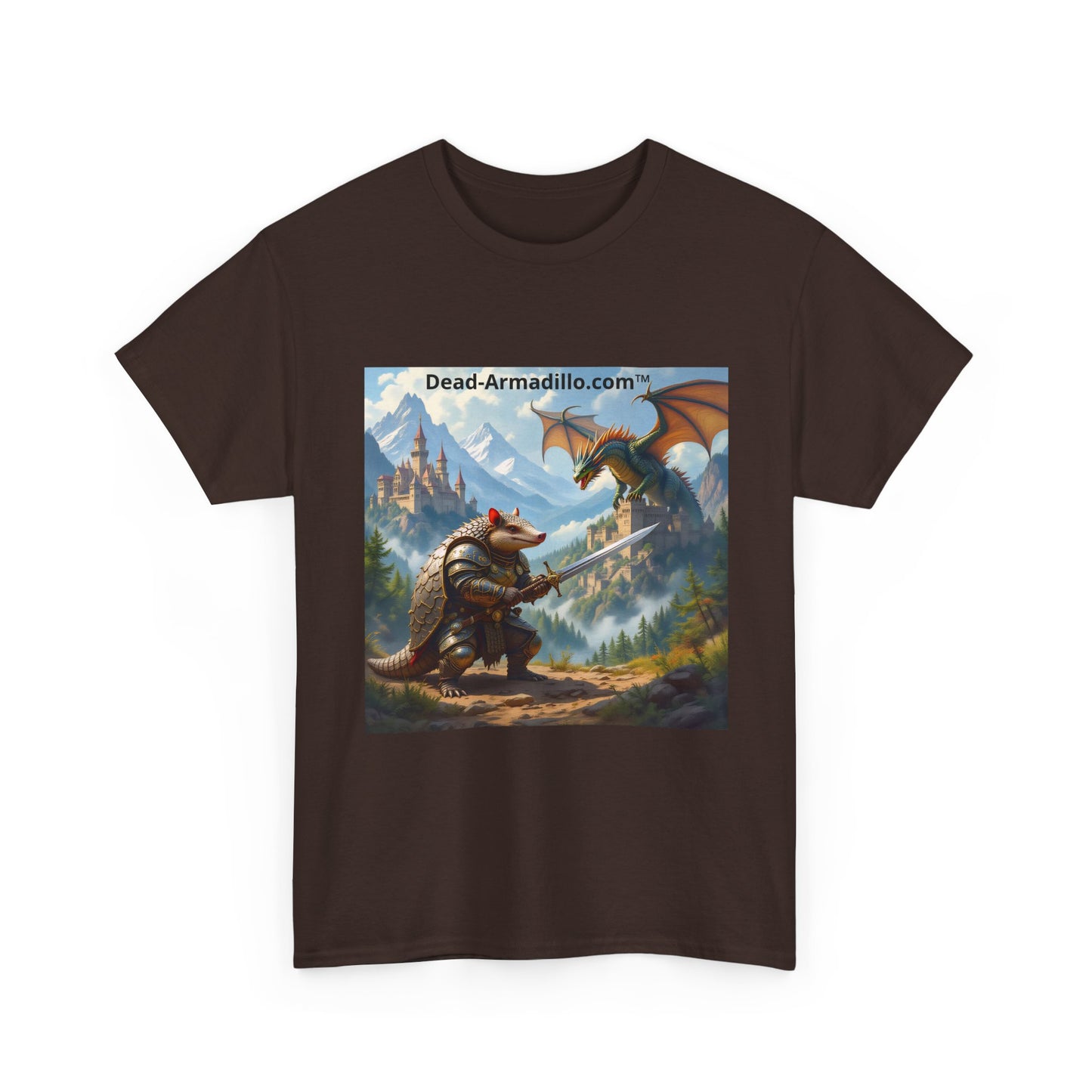 Fantasy Battle T-Shirt — Armadillo vs Dragon Illustration