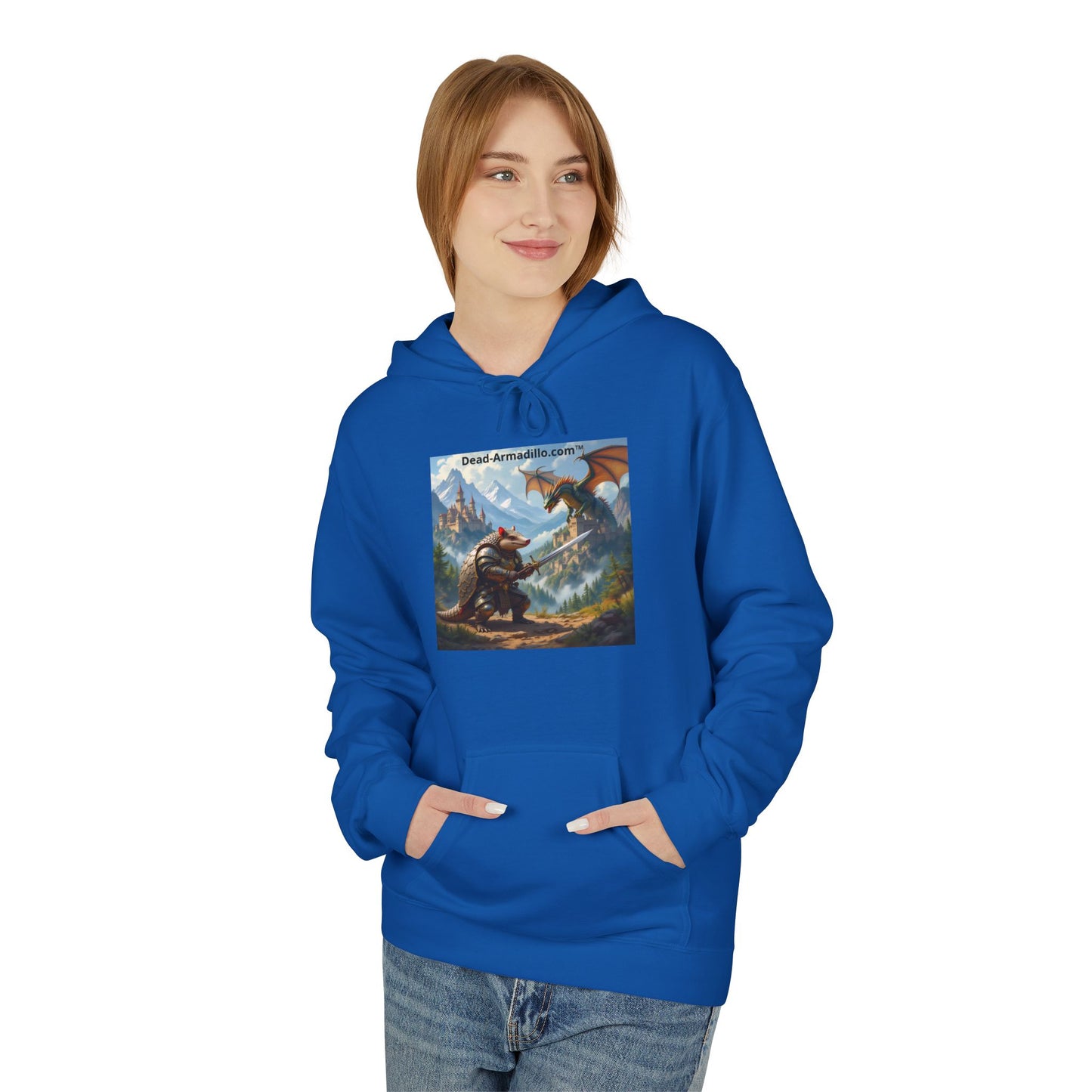 Arlo the Armadillo | Gamer Hoodie | Fantasy Mountain Scene | with Dragon and Castles