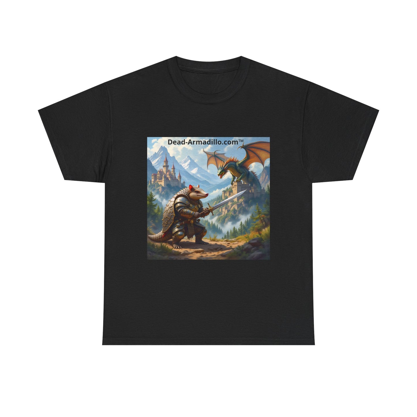 Fantasy Battle T-Shirt — Armadillo vs Dragon Illustration