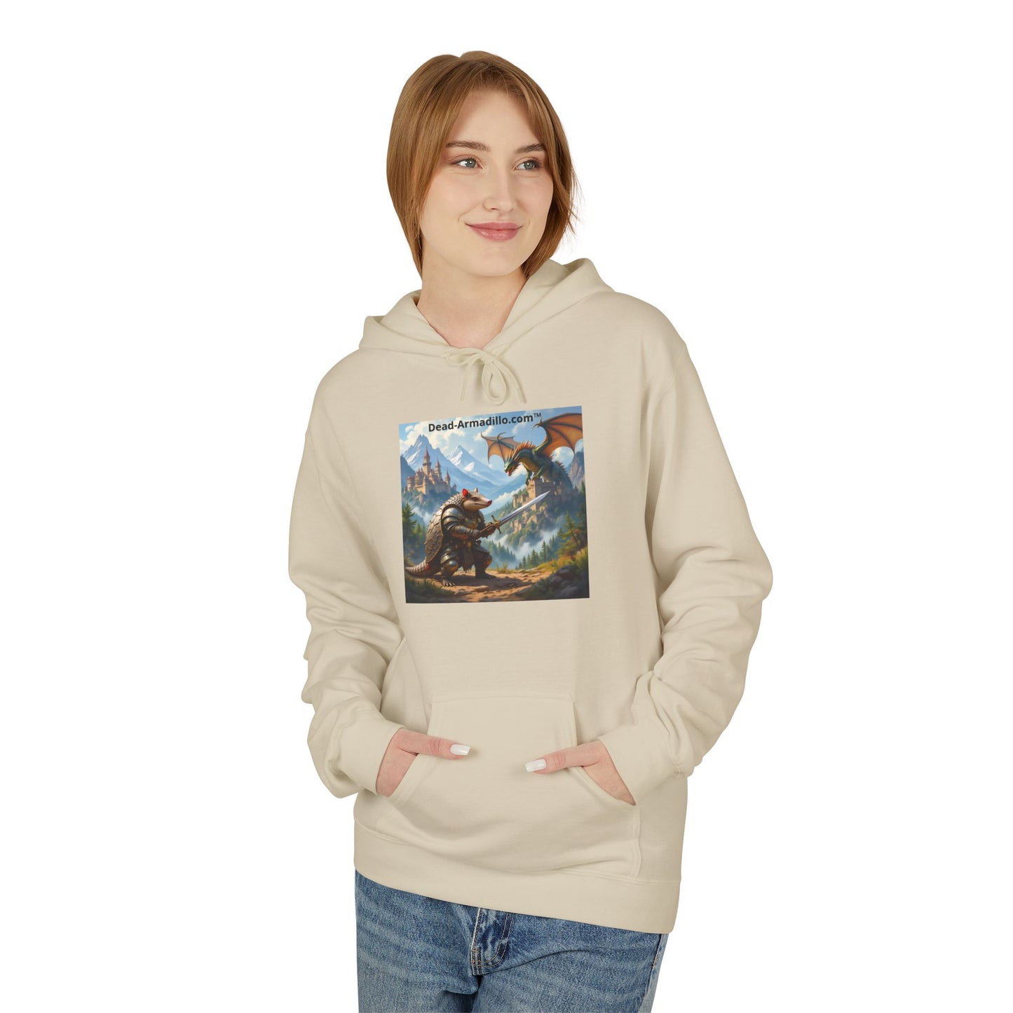 Arlo the Armadillo | Gamer Hoodie | Fantasy Mountain Scene | with Dragon and Castles