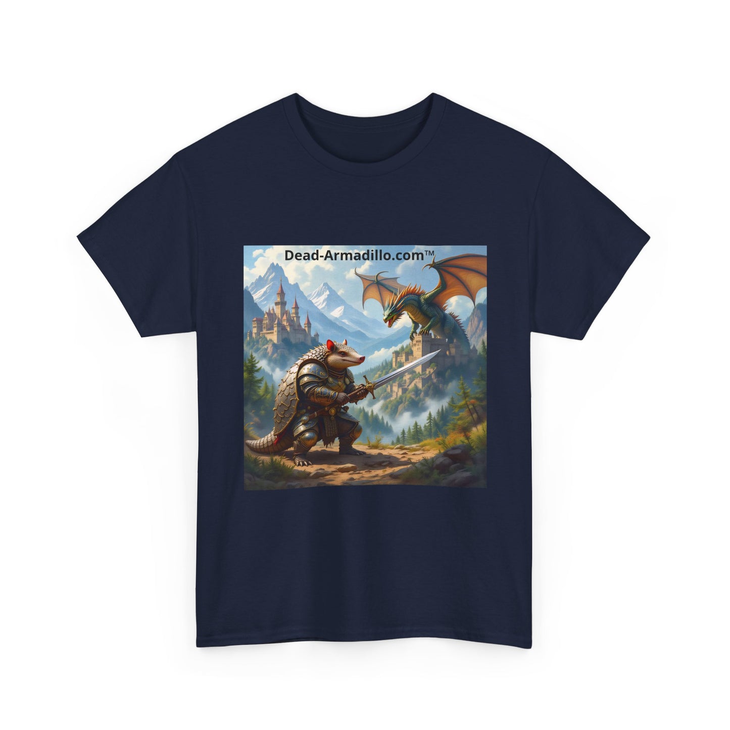 Fantasy Battle T-Shirt — Armadillo vs Dragon Illustration