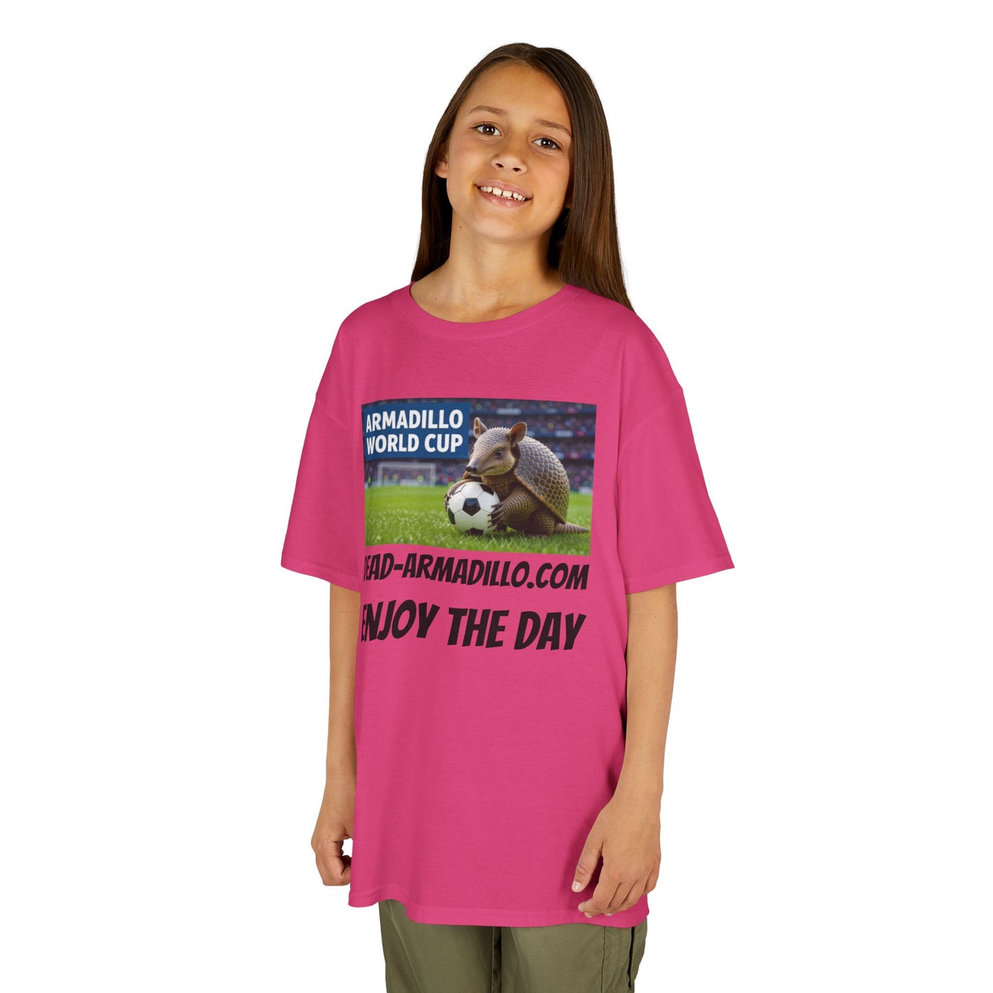 Kids Soccer Tee - Armadillo Soccer Player | World Cup Soccer Shirt | Enjoy the Day | Dark font