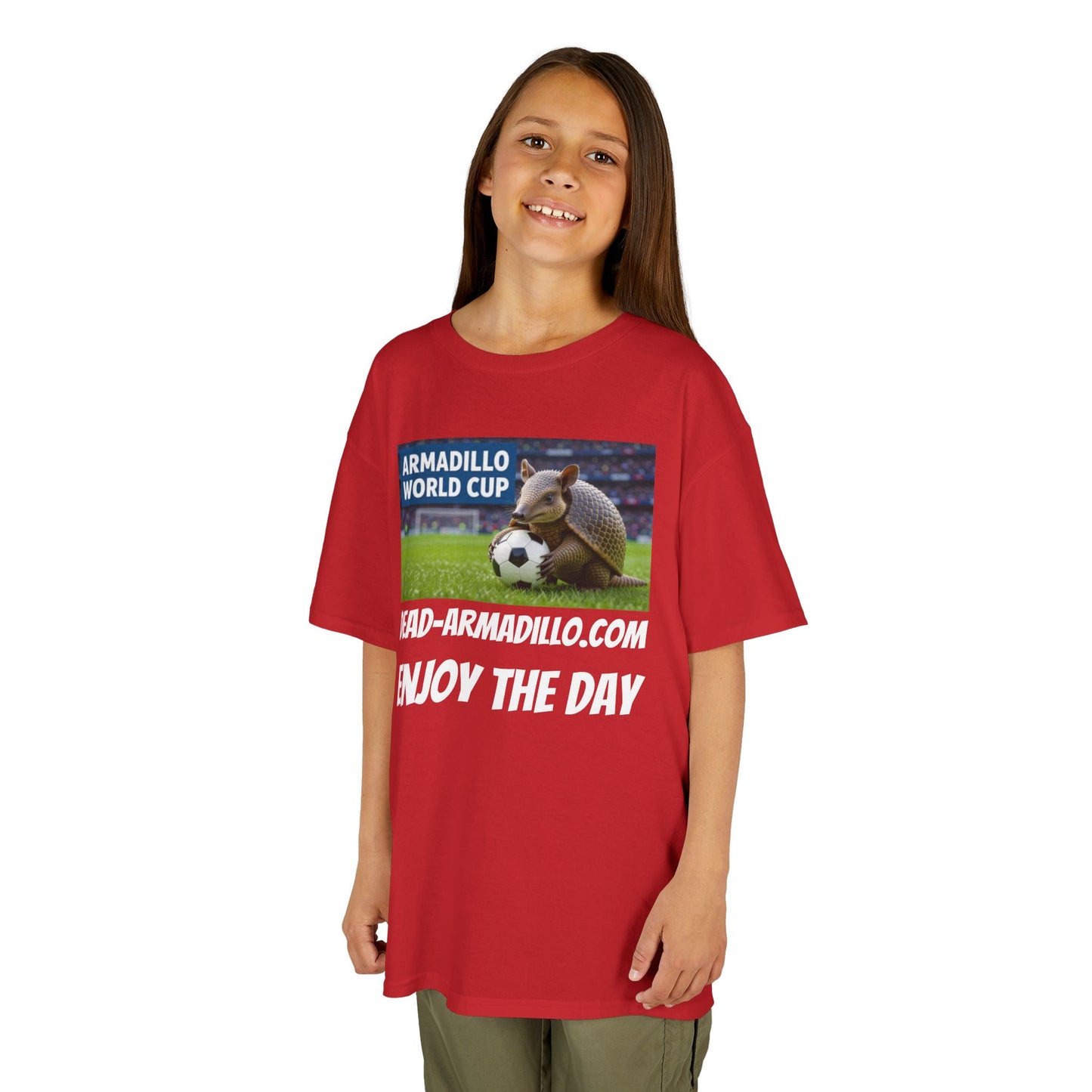 Kids Soccer Tee - Armadillo Soccer Player | World Cup Soccer Shirt | Enjoy the Day | White Font Choice