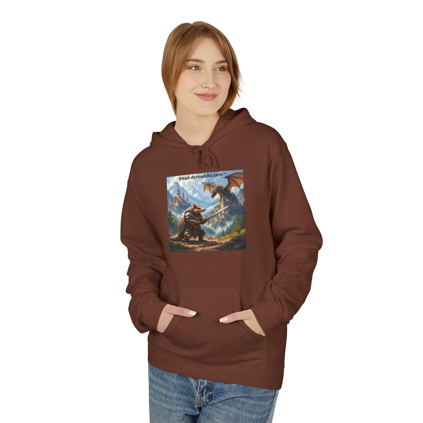 Arlo the Armadillo | Gamer Hoodie | Fantasy Mountain Scene | with Dragon and Castles
