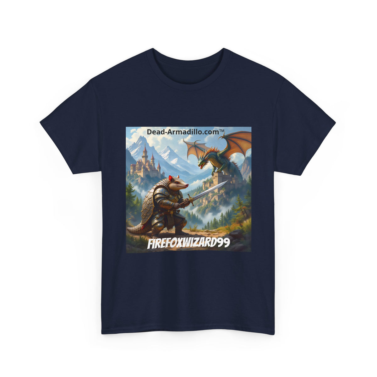 Arlo the Armadillo | Gamer Tee | Fantasy Mountain Scene | with Dragon and Castles