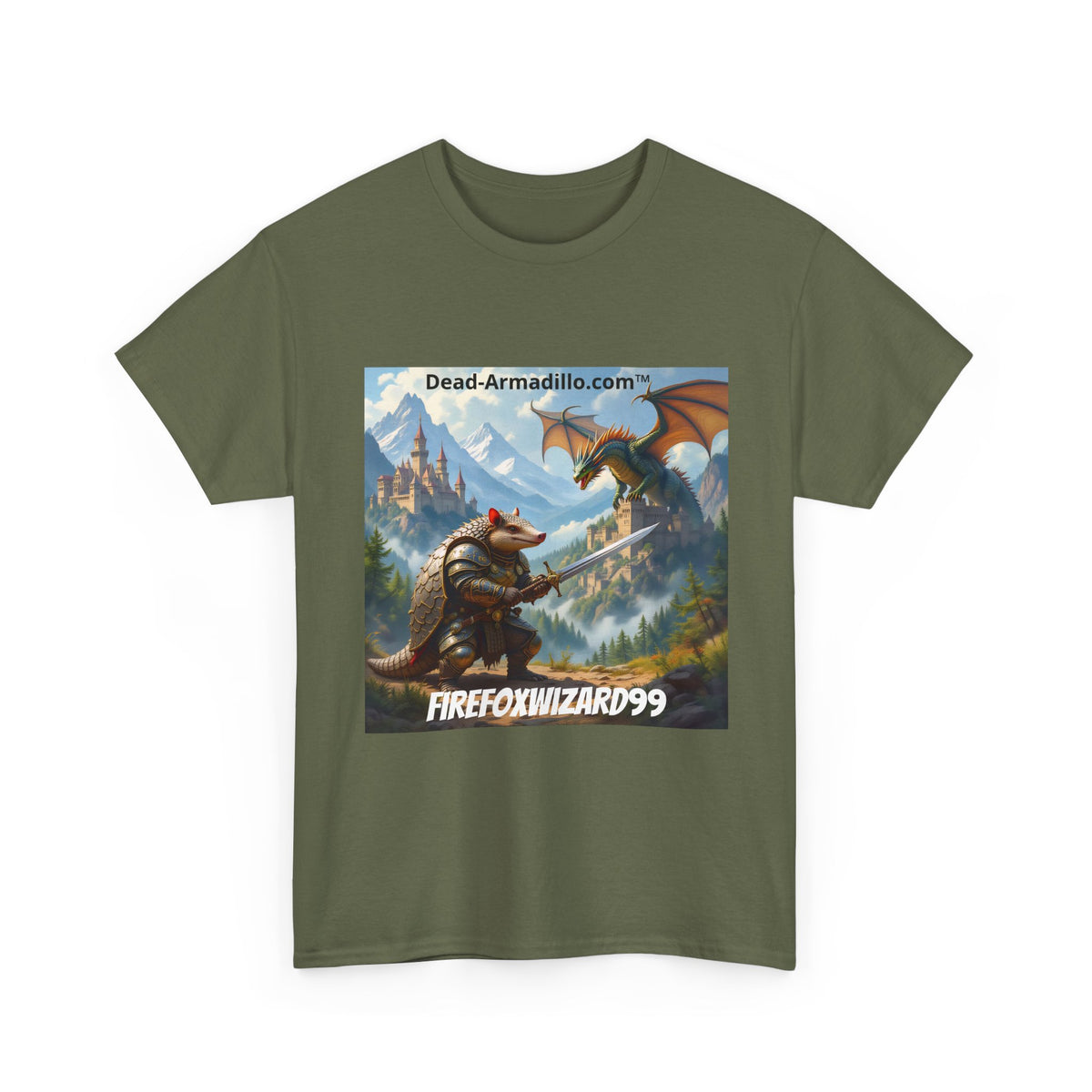 Arlo the Armadillo | Gamer Tee | Fantasy Mountain Scene | with Dragon and Castles