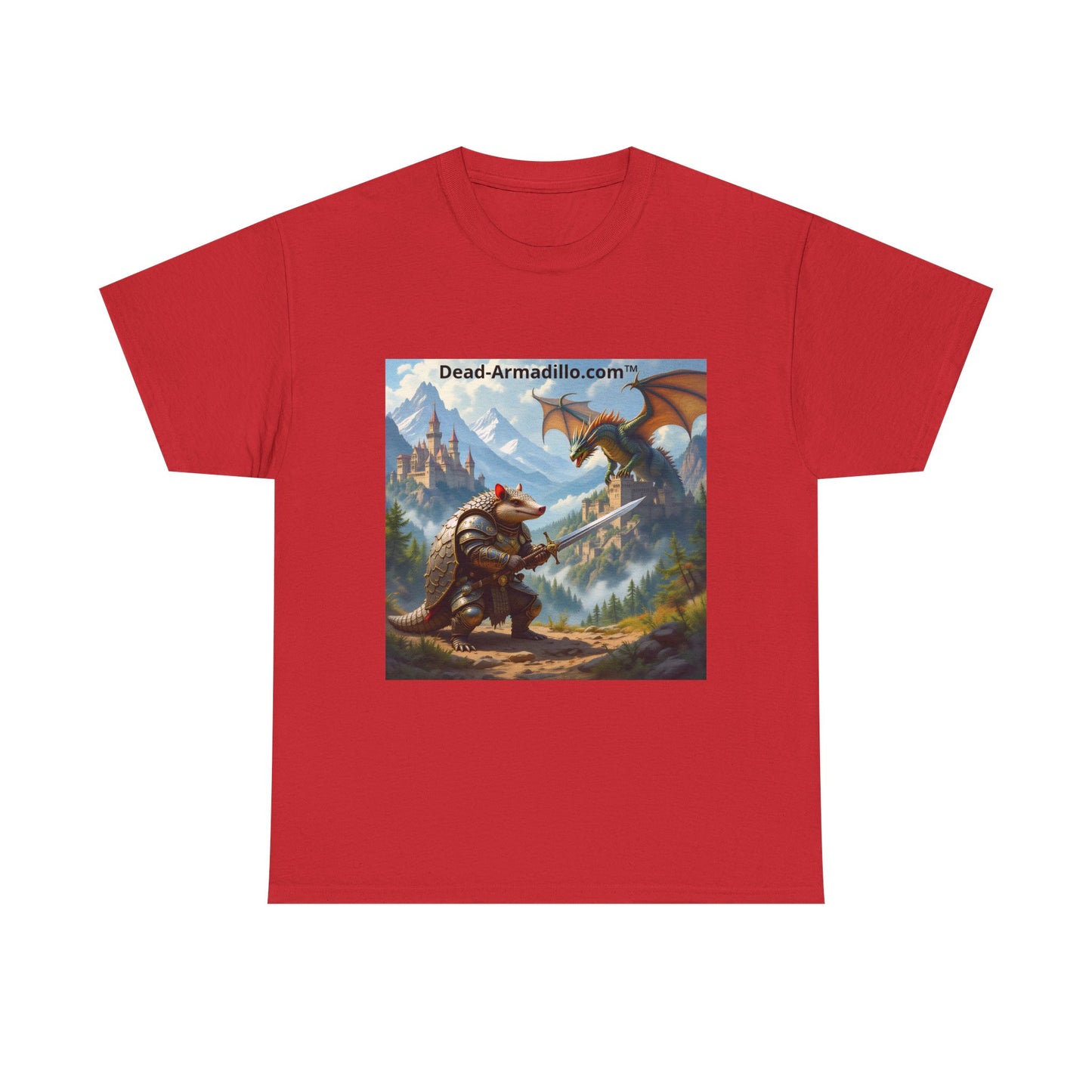Fantasy Battle T-Shirt — Armadillo vs Dragon Illustration