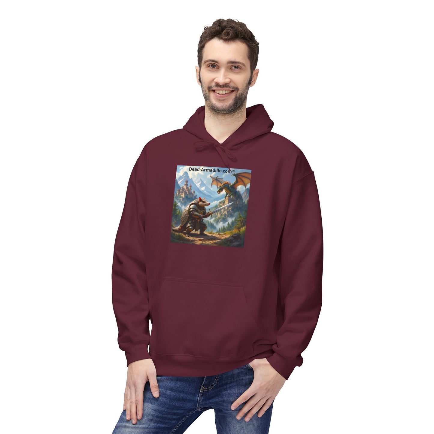 Arlo the Armadillo | Gamer Hoodie | Fantasy Mountain Scene | with Dragon and Castles