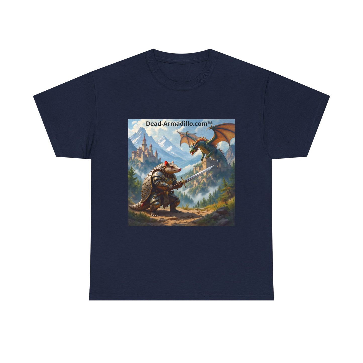 Fantasy Battle T-Shirt — Armadillo vs Dragon Illustration