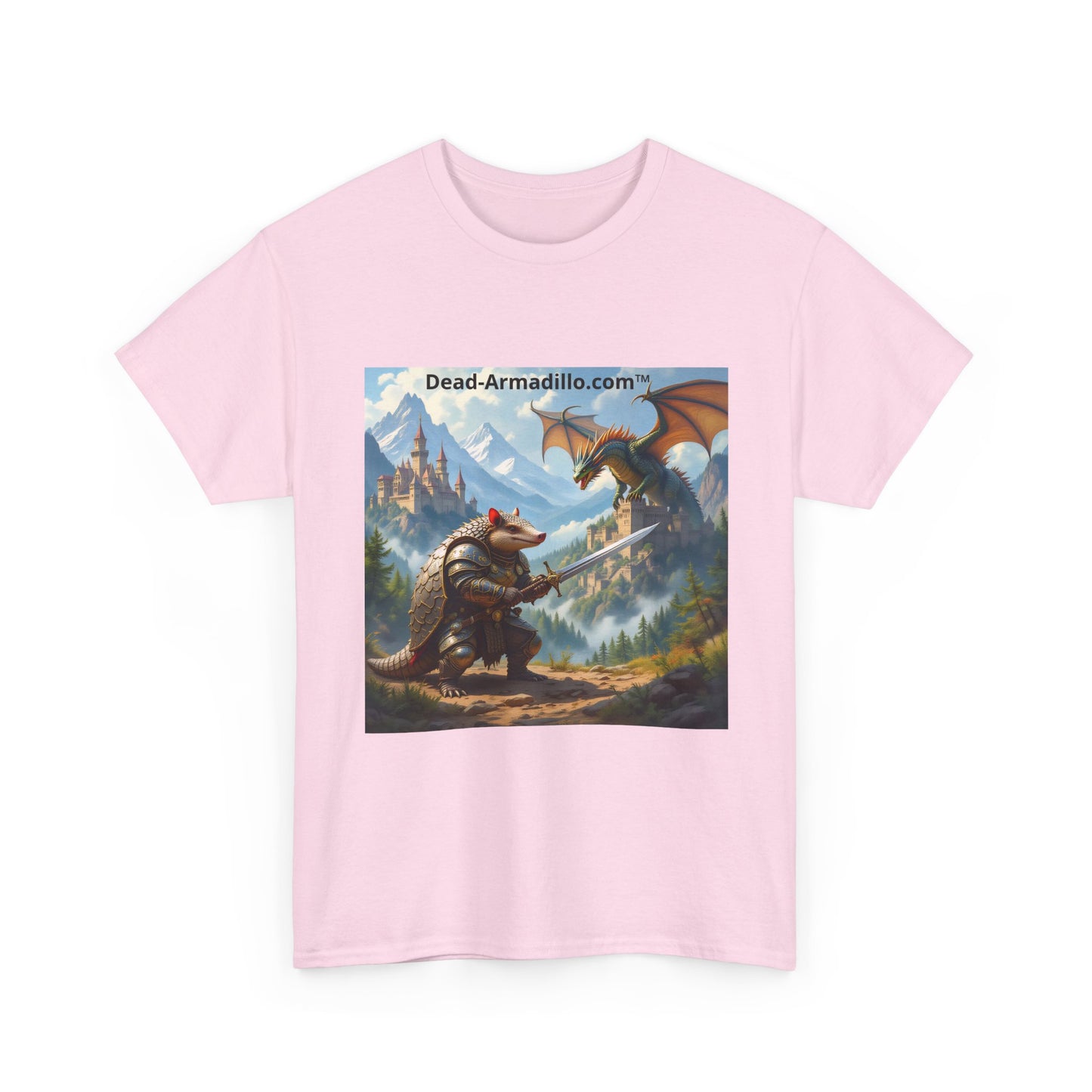 Fantasy Battle T-Shirt — Armadillo vs Dragon Illustration