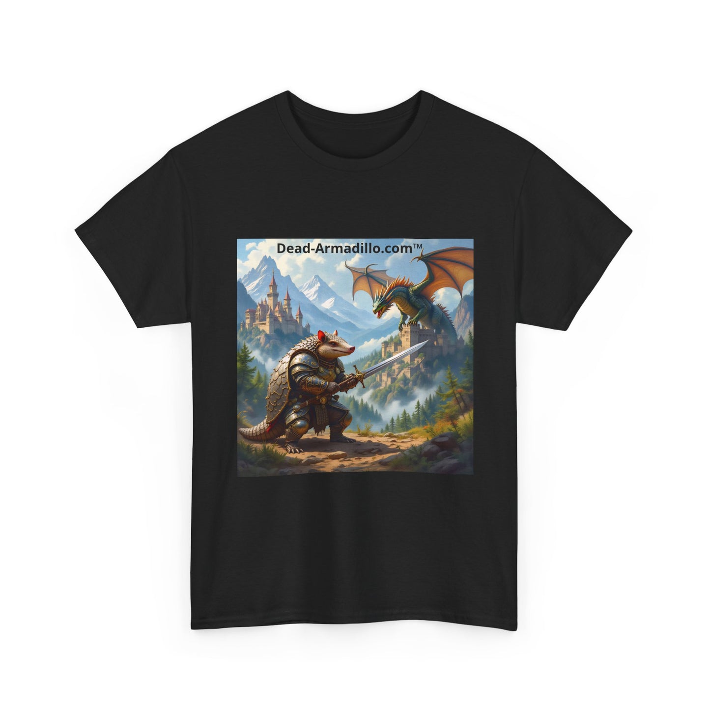 Fantasy Battle T-Shirt — Armadillo vs Dragon Illustration