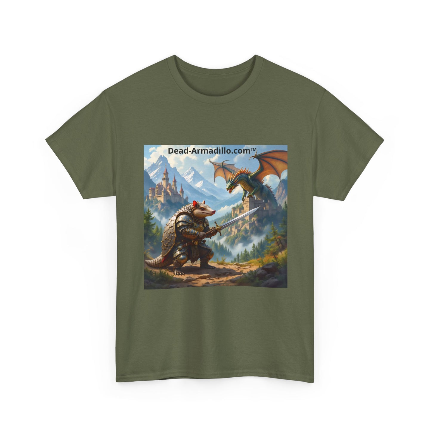 Fantasy Battle T-Shirt — Armadillo vs Dragon Illustration