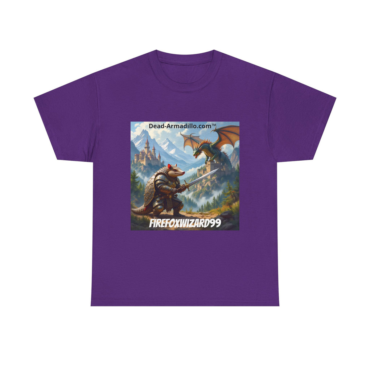 Arlo the Armadillo | Gamer Tee | Fantasy Mountain Scene | with Dragon and Castles