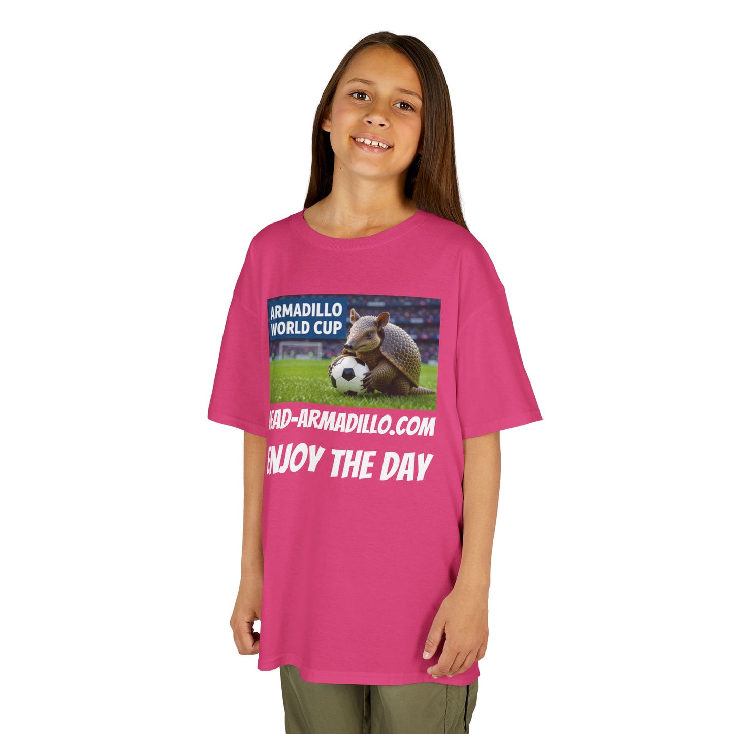 Kids Soccer Tee - Armadillo Soccer Player | World Cup Soccer Shirt | Enjoy the Day | White Font Choice